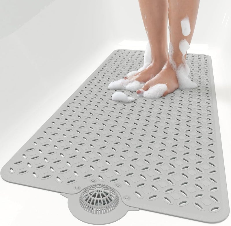 OTHWAY Bath Mat for Tub Non Slip: 39" X 17" Long Bathtub Mat with Hair Catcher│Big Drain Holes Shower Mats for Inside Shower│Machine Washable (Grey) - Image 1